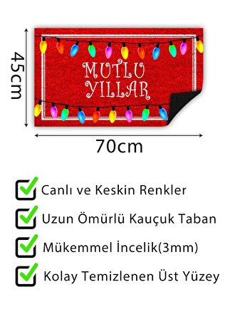 Mutlu Yıllar Kırmızı Yılbaşı Kapı Önü Paspası Yılbaşı Dekoru Dış Mekan ve Ev İçi Paspas 45x70cm