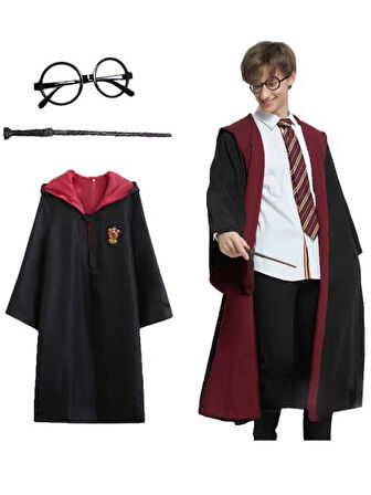Harry Potter Gryffindor Kapişonlu Cübbe Çocuk Boy Asa Gözlük 3 Parça Set - 11-12 Yaş
