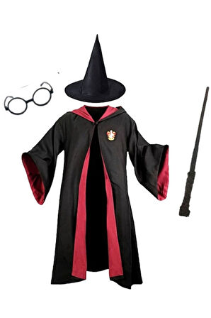 Harry Potter Gryffindor Kapişonlu Cübbe Çocuk Boy Şapka Asa Gözlük 4 Parça Set - 9-10 Yaş
