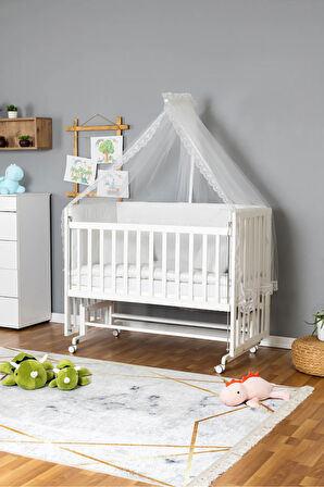 Ahşap Beşik Anne Yanı Beşik Beyaz 70x130 - Beyaz Güpür Uyku Seti + Yataklı + Tekerlekli