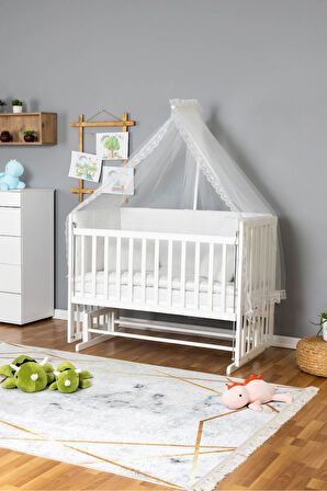 Ahşap Beşik Anne Yanı Beşik Beyaz 70x130 - Beyaz Güpür Uyku Seti + Yataklı