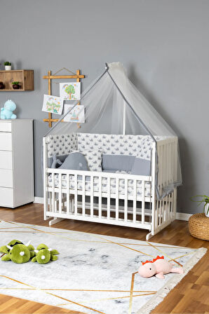 Ahşap Beşik Anne Yanı Beşik Beyaz 70x130 - Gri Balina Uyku Seti + Yataklı