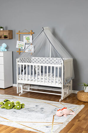 Ahşap Beşik Anne Yanı Beşik Beyaz 70x130 - Gri Balina Uyku Seti + Yataklı