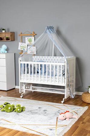 Ahşap Beşik Anne Yanı Beşik Beyaz 70x130 - Mavi Yıldız 3 Yastıklı Uyku Seti + Yataklı + Tekerlekli