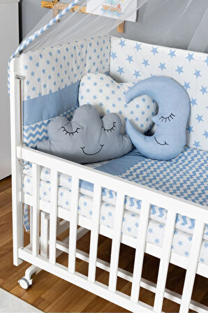 Ahşap Beşik Anne Yanı Beşik Beyaz 70x130 - Mavi Yıldız 3 Yastıklı Uyku Seti + Yataklı + Tekerlekli