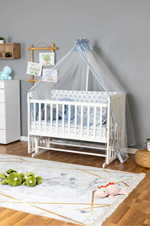 Ahşap Beşik Anne Yanı Beşik Beyaz 70x130 - Mavi Yıldız 3 Yastıklı Uyku Seti + Yataklı