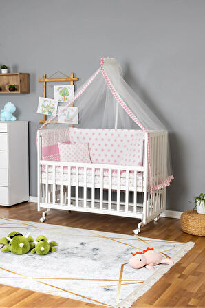 Ahşap Beşik Anne Yanı Beşik Beyaz 70x130 - Pembe Yıldız 1 Yastıklı Uyku Seti + Yataklı + Tekerlekli