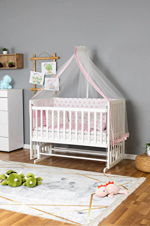 Ahşap Beşik Anne Yanı Beşik Beyaz 70x130 - Pembe Yıldız 1 Yastıklı Uyku Seti + Yataklı