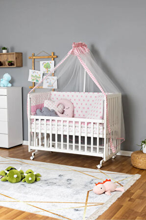 Ahşap Beşik Anne Yanı Beşik Beyaz 70x130 - Pembe Yıldız 3 Yastıklı Uyku Seti + Yataklı + Tekerlekli