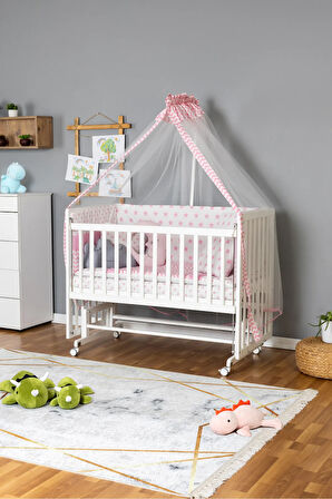 Ahşap Beşik Anne Yanı Beşik Beyaz 70x130 - Pembe Yıldız 3 Yastıklı Uyku Seti + Yataklı + Tekerlekli