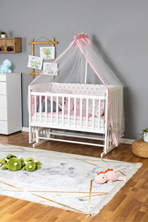 Ahşap Beşik Anne Yanı Beşik Beyaz 70x130 - Pembe Yıldız 3 Yastıklı Uyku Seti + Yataklı