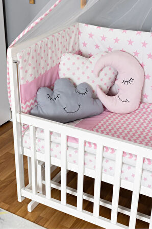 Ahşap Beşik Anne Yanı Beşik Beyaz 70x130 - Pembe Yıldız 3 Yastıklı Uyku Seti + Yataklı
