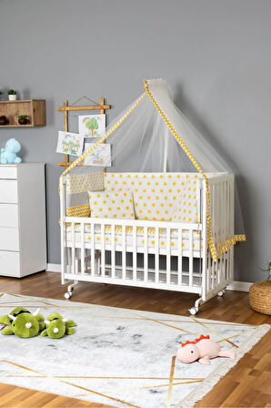Ahşap Beşik Anne Yanı Beşik Beyaz 70x130 - Sarı Yıldız 1 Yastıklı Uyku Seti + Yataklı + Tekerlekli