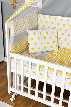 Ahşap Beşik Anne Yanı Beşik Beyaz 70x130 - Sarı Yıldız 1 Yastıklı Uyku Seti + Yataklı + Tekerlekli
