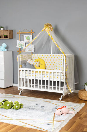 Ahşap Beşik Anne Yanı Beşik Beyaz 70x130 - Sarı Yıldız 3 Yastıklı Uyku Seti + Yataklı + Tekerlekli