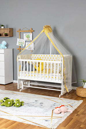 Ahşap Beşik Anne Yanı Beşik Beyaz 70x130 - Sarı Yıldız 3 Yastıklı Uyku Seti + Yataklı