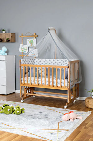 Ahşap Beşik Anne Yanı Beşik Vernikli 70x130 - Gri Balina Uyku Seti + Yataklı + Tekerlekli