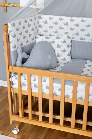 Ahşap Beşik Anne Yanı Beşik Vernikli 70x130 - Gri Balina Uyku Seti + Yataklı + Tekerlekli