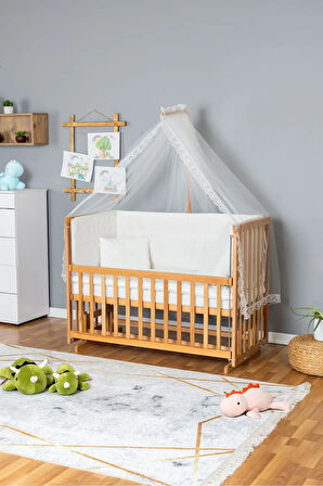 Ahşap Beşik Anne Yanı Beşik Vernikli 70x130 - Krem Güpür Uyku Seti + Yataklı