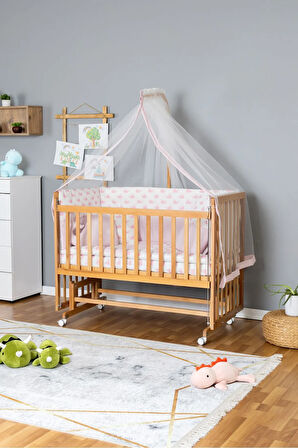 Ahşap Beşik Anne Yanı Beşik Vernikli 70x130 - Pembe Balina Uyku Seti + Yataklı + Tekerlekli