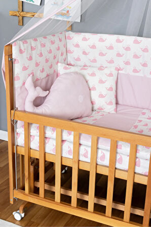 Ahşap Beşik Anne Yanı Beşik Vernikli 70x130 - Pembe Balina Uyku Seti + Yataklı + Tekerlekli