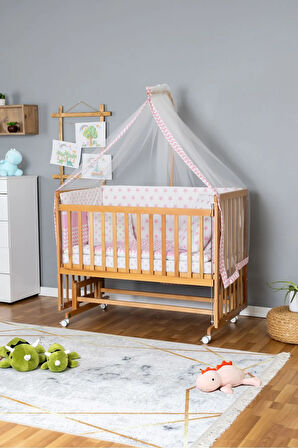 Ahşap Beşik Anne Yanı Beşik Vernikli 70x130 - Pembe Yıldız 1 Yastıklı Uyku Seti +Yataklı+Tekerlekli