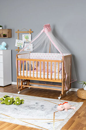 Ahşap Beşik Anne Yanı Beşik Vernikli 70x130 - Pembe Yıldız 3 Yastıklı Uyku Seti+Yataklı+Tekerlekli