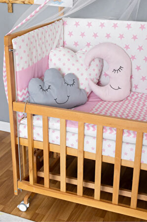 Ahşap Beşik Anne Yanı Beşik Vernikli 70x130 - Pembe Yıldız 3 Yastıklı Uyku Seti+Yataklı+Tekerlekli