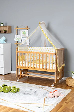 Ahşap Beşik Anne Yanı Beşik Vernikli 70x130 - Sarı Yıldız 1 Yastıklı Uyku Seti + Yataklı+Tekerlekli