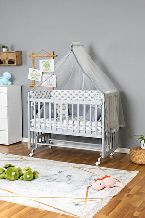 Ahşap Beşik Anne Yanı Beşik Gri 70x130 - Gri Balina Uyku Seti + Yataklı + Tekerlekli