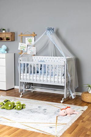 Ahşap Beşik Anne Yanı Beşik Gri 70x130 - Mavi Yıldız 3 Yastıklı Uyku Seti + Yataklı + Tekerlekli