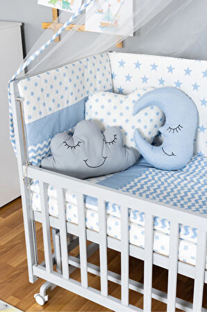 Ahşap Beşik Anne Yanı Beşik Gri 70x130 - Mavi Yıldız 3 Yastıklı Uyku Seti + Yataklı + Tekerlekli