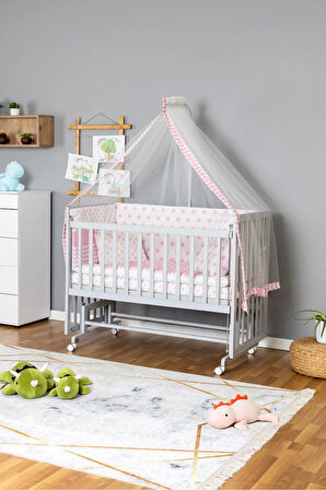 Ahşap Beşik Anne Yanı Beşik Gri 70x130 - Pembe Yıldız 1 Yastıklı Uyku Seti + Yataklı + Tekerlekli