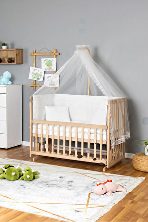 Ahşap Beşik Anne Yanı Beşik Organik 70x130 - Beyaz Güpür Uyku Seti + Yataklı