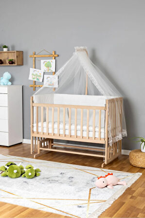 Ahşap Beşik Anne Yanı Beşik Organik 70x130 - Beyaz Güpür Uyku Seti + Yataklı