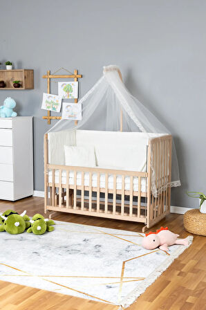 Ahşap Beşik Anne Yanı Beşik Organik 70x130 - Krem Güpür Uyku Seti + Yataklı
