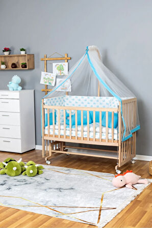 Ahşap Beşik Anne Yanı Beşik Organik 70x130 - Mavi Balina Uyku Seti + Yataklı + Tekerlekli