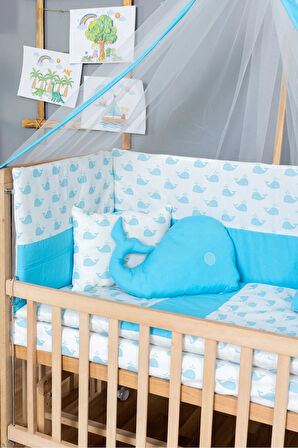 Ahşap Beşik Anne Yanı Beşik Organik 70x130 - Mavi Balina Uyku Seti + Yataklı + Tekerlekli