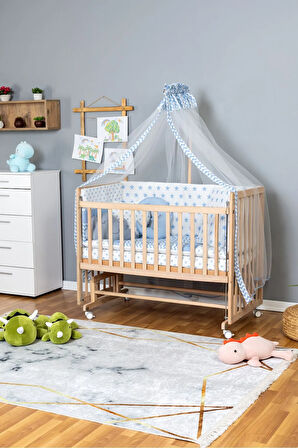 Ahşap Beşik Anne Yanı Beşik Organik 70x130 - Mavi Yıldız 3 Yastıklı Uyku Seti + Yataklı + Tekerlekli