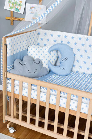 Ahşap Beşik Anne Yanı Beşik Organik 70x130 - Mavi Yıldız 3 Yastıklı Uyku Seti + Yataklı + Tekerlekli