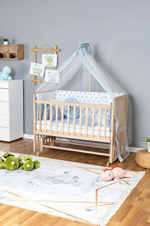 Ahşap Beşik Anne Yanı Beşik Organik 70x130 - Mavi Yıldız 3 Yastıklı Uyku Seti + Yataklı