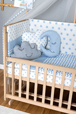 Ahşap Beşik Anne Yanı Beşik Organik 70x130 - Mavi Yıldız 3 Yastıklı Uyku Seti + Yataklı