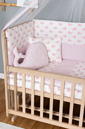 Ahşap Beşik Anne Yanı Beşik Organik 70x130 - Pembe Balina Uyku Seti + Yataklı