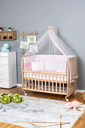 Ahşap Beşik Anne Yanı Beşik Organik 70x130 - Pembe Yıldız 1 Yastıklı Uyku Seti + Yataklı+Tekerlekli