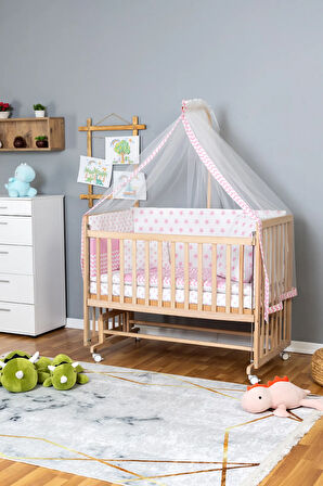 Ahşap Beşik Anne Yanı Beşik Organik 70x130 - Pembe Yıldız 1 Yastıklı Uyku Seti + Yataklı+Tekerlekli