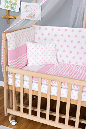Ahşap Beşik Anne Yanı Beşik Organik 70x130 - Pembe Yıldız 1 Yastıklı Uyku Seti + Yataklı+Tekerlekli