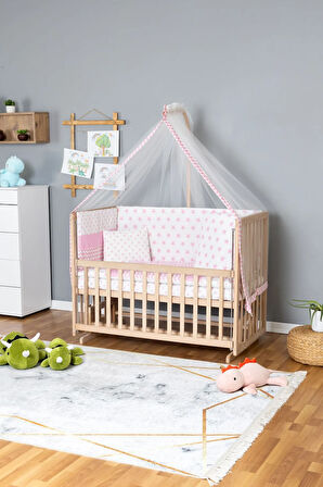 Ahşap Beşik Anne Yanı Beşik Organik 70x130 - Pembe Yıldız 1 Yastıklı Uyku Seti + Yataklı