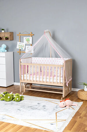 Ahşap Beşik Anne Yanı Beşik Organik 70x130 - Pembe Yıldız 1 Yastıklı Uyku Seti + Yataklı