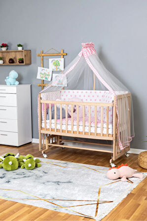 Ahşap Beşik Anne Yanı Beşik Organik 70x130 - Pembe Yıldız 3 Yastıklı Uyku Seti+Yataklı+Tekerlekli
