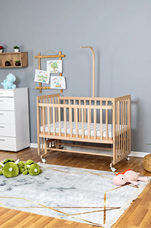 Ahşap Beşik Anne Yanı Beşik Organik 70x130 - Uyku Setsiz Tek Yataklı + Tekerlekli
